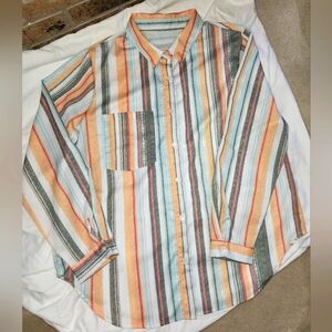 Size XL women's designer multi-color button down blouse.